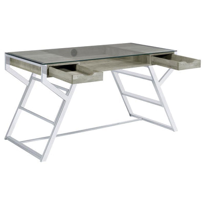 Emelle - 2-Drawer Glass Top Writing Desk - Gray Driftwood And Chrome - Grand Furniture GA