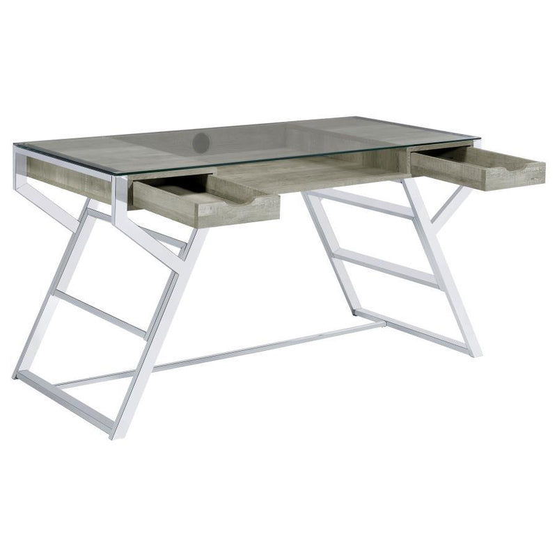 Emelle - 2-Drawer Glass Top Writing Desk - Gray Driftwood And Chrome - Grand Furniture GA
