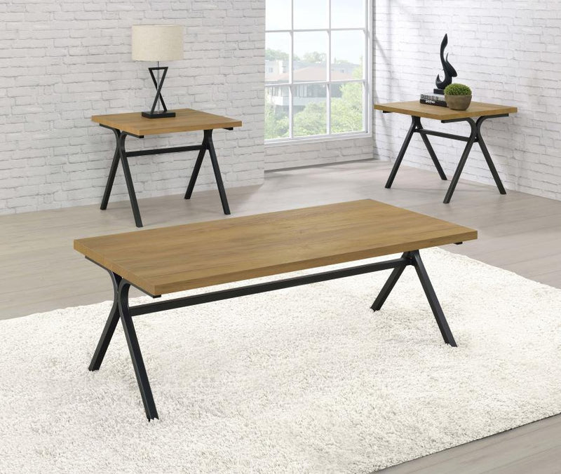 Colmar - 3-Piece Trestle Occasional Table Set - Golden Oak and Gunmetal.