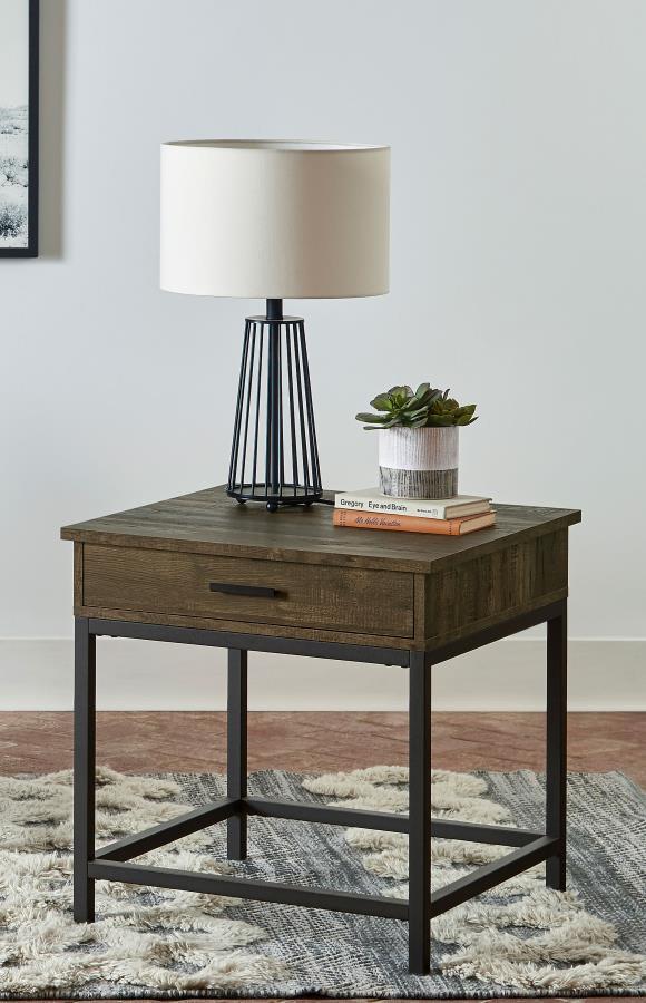 Byers - Square 1-Drawer End Table - Brown Oak and Sandy Black.