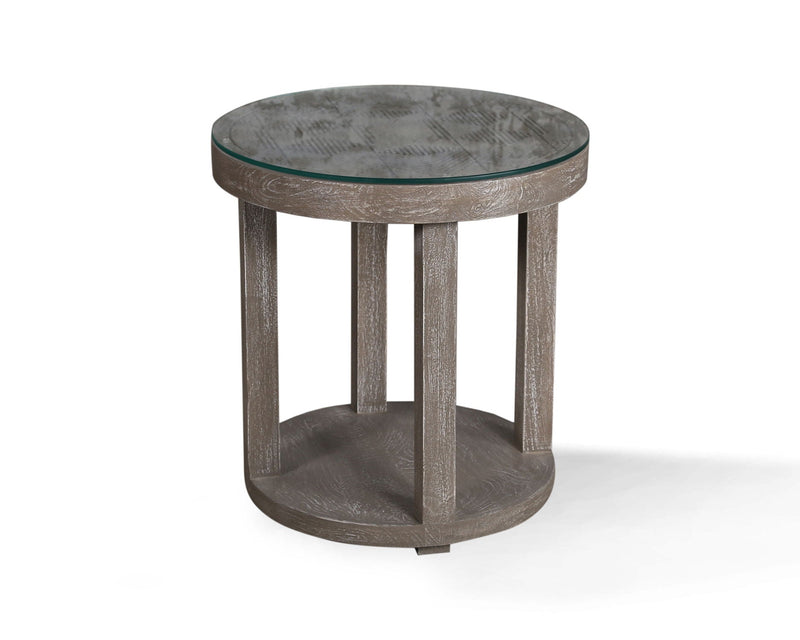 Crossings Serengeti - Round End Table with Glass Top - Sandblasted Fossil Grey