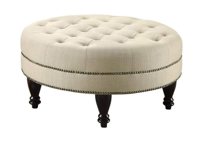 Elchin - Round Upholstered Tufted Ottoman - Oatmeal.