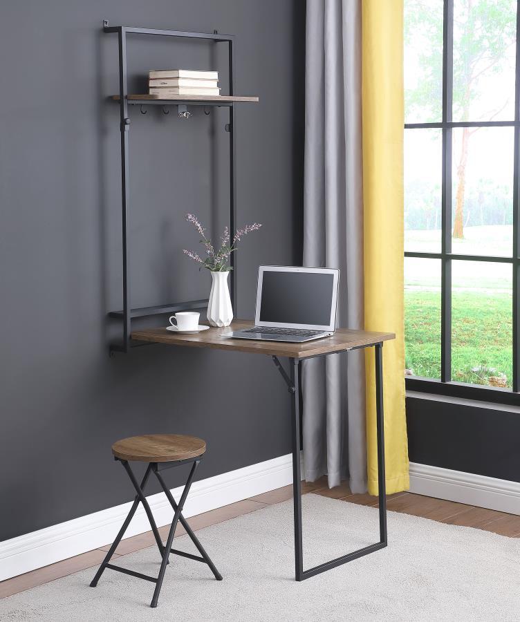 Riley - Foldable Wall Desk With Stool - Rustic Oak and Sandy Black.