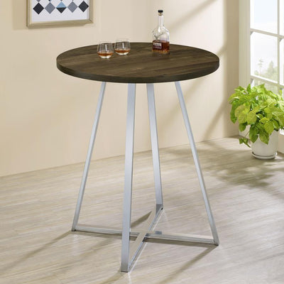 Burkhart - Sled Base Round Bar Table - Brown Oak and Chrome.