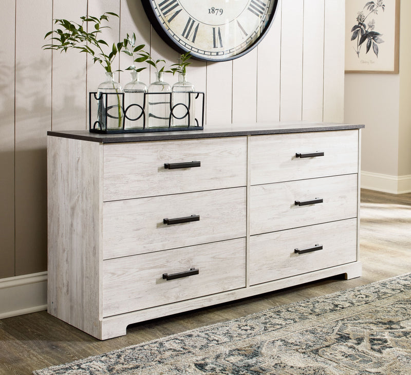 Shawburn - White / Black / Gray - Six Drawer Dresser - Pewter-tone Pulls.