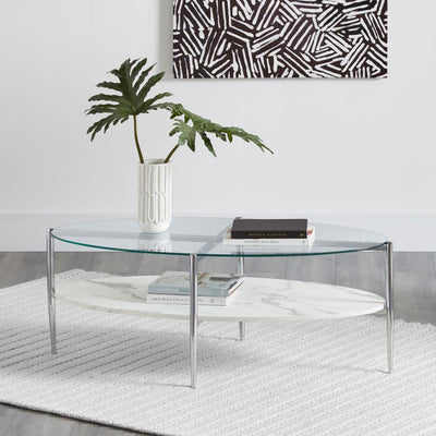 Cadee - Round Glass Top Coffee Table - White and Chrome.