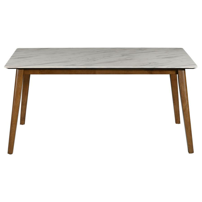 Everett - Faux Marble Top Dining Table - Natural Walnut and White.