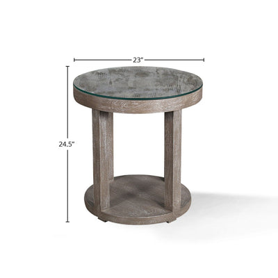 Crossings Serengeti - Round End Table with Glass Top - Sandblasted Fossil Grey