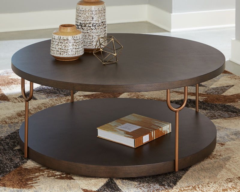 Brazburn - Dark Brown / Gold Finish - Round Cocktail Table.