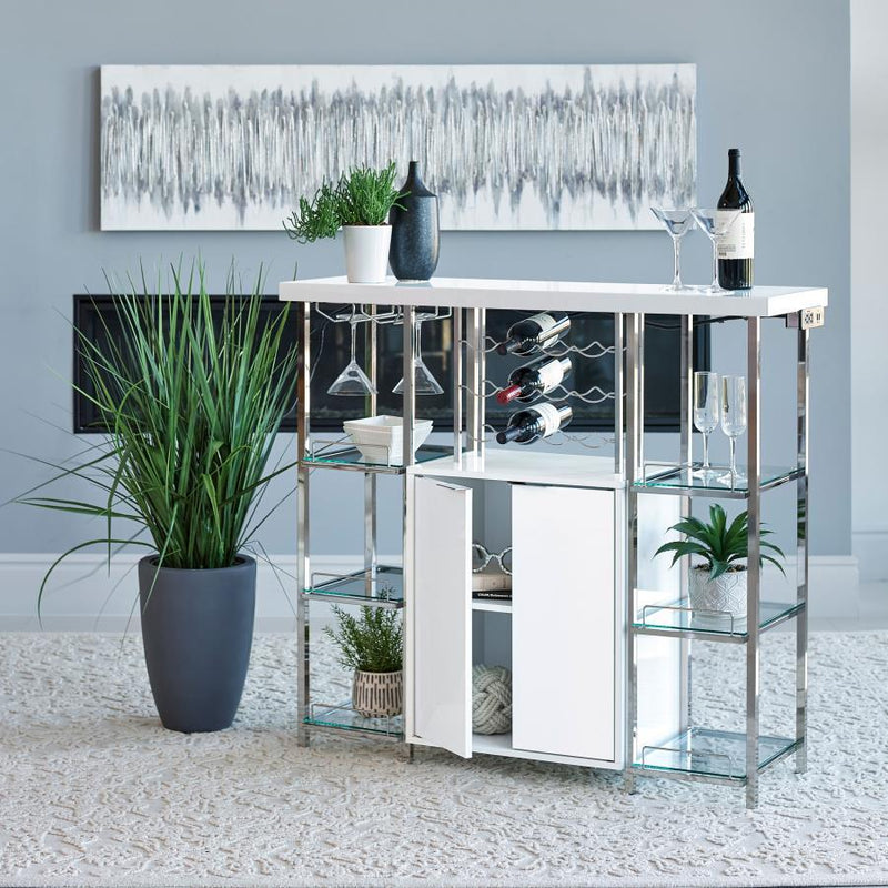 Gallimore - 2-Door Bar Cabinet With Glass Shelf - High Glossy White And Chrome - Grand Furniture GA