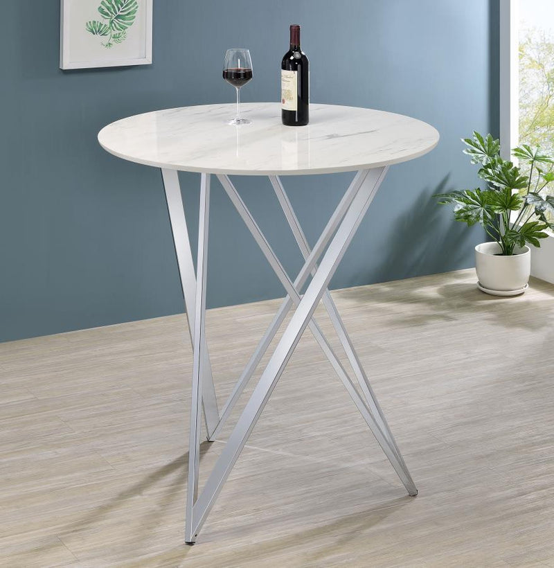 Bexter - Faux Marble Round Top Bar Table - White and Chrome.