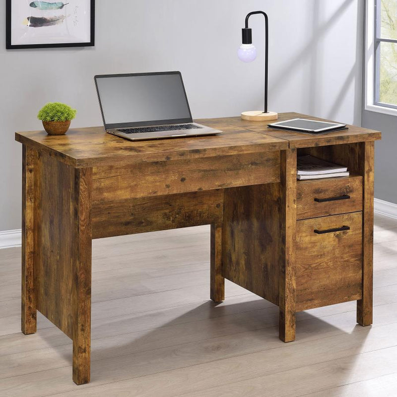 Delwin - Lift Top Office Desk With File Cabinet - Antique Nutmeg.