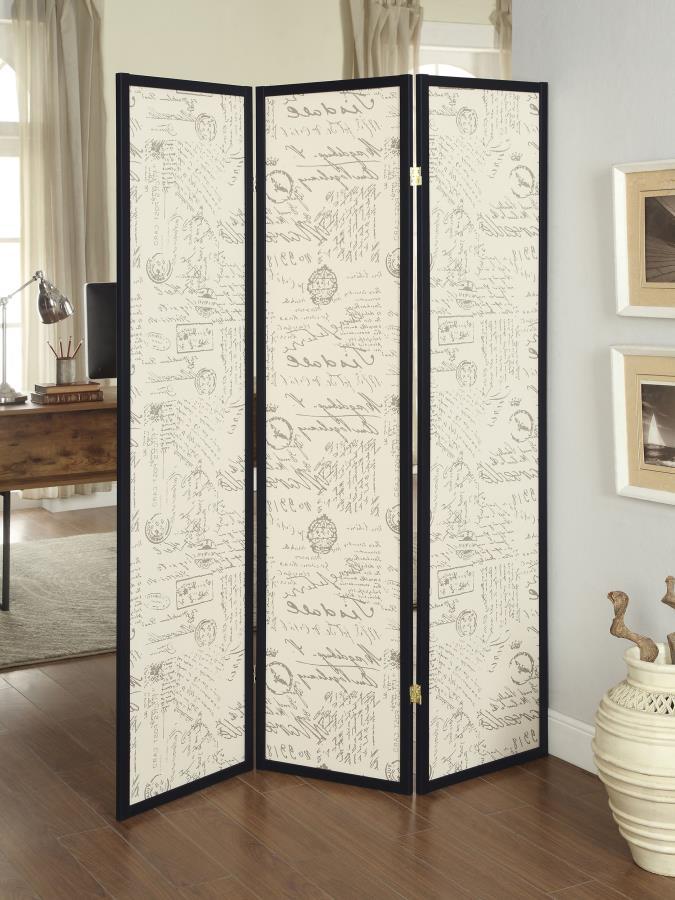 Felice - 3-Panel French Script Print Folding Screen - Espresso - Room Dividers - Grand Furniture GA