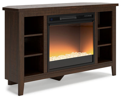 Camiburg - Warm Brown - Corner TV Stand With Fireplace Insert Glass/Stone.