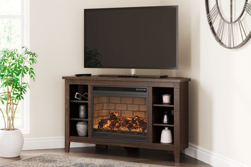 Camiburg - Warm Brown - Corner TV Stand With Faux Firebrick Fireplace Insert.