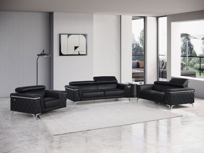 1140 - Top Grain Italian Leather Living Room Set - Black.