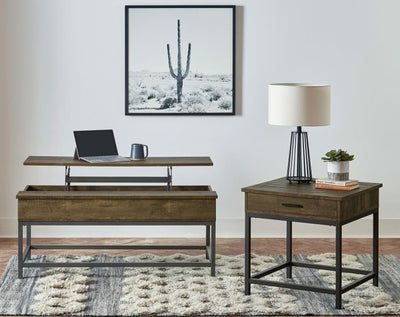 Byers - Black Coffee Table With Hidden Storage - Brown Oak and Sandy Black.