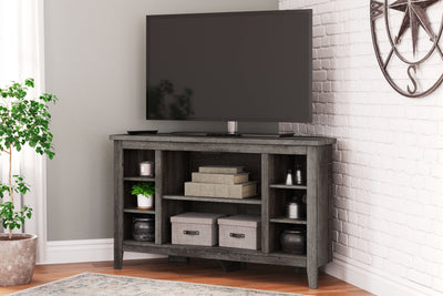 Arlenbry - Gray - Corner TV Stand With Glass/Stone Fireplace Insert.