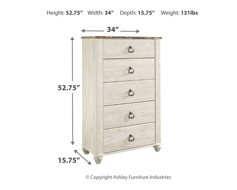 Willowton - Brown / Beige / White - Five Drawer Chest.