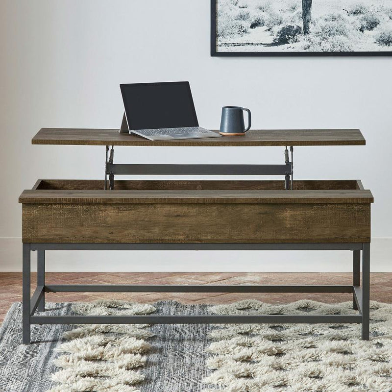 Byers - Black Coffee Table With Hidden Storage - Brown Oak and Sandy Black.