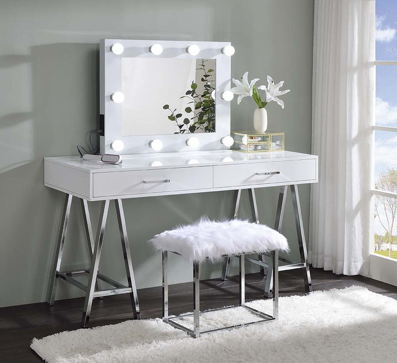 Coleen - Vanity Desk - White High Gloss & Chrome Finish - Grand Furniture GA