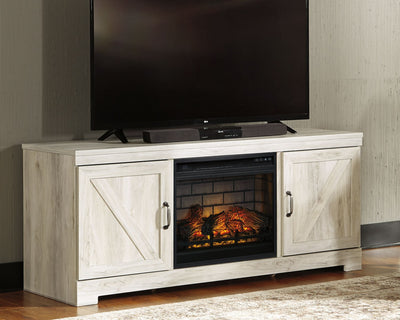 Bellaby - Whitewash - 63" TV Stand With Faux Firebrick Fireplace Insert.