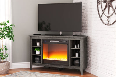 Arlenbry - Gray - Corner TV Stand With Glass/Stone Fireplace Insert.