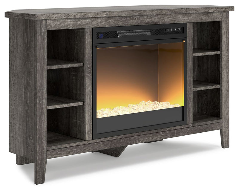 Arlenbry - Gray - Corner TV Stand With Glass/Stone Fireplace Insert.