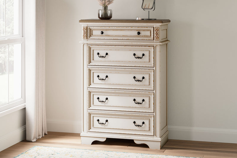 Realyn - White / Brown / Beige - Five Drawer Chest.