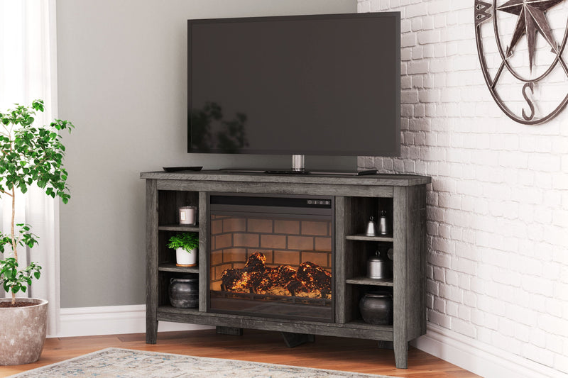 Arlenbry - Gray - Corner TV Stand With Faux Firebrick Fireplace Insert.