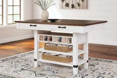 Valebeck - White / Brown - Rect Dining Room Counter Table With Wine Rack.