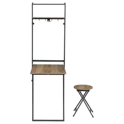 Riley - Foldable Wall Desk With Stool - Rustic Oak and Sandy Black.