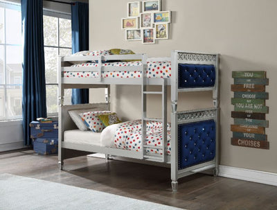 Varian - Twin Over Twin Bunk Bed - Blue Velvet & Silver Finish - Grand Furniture GA