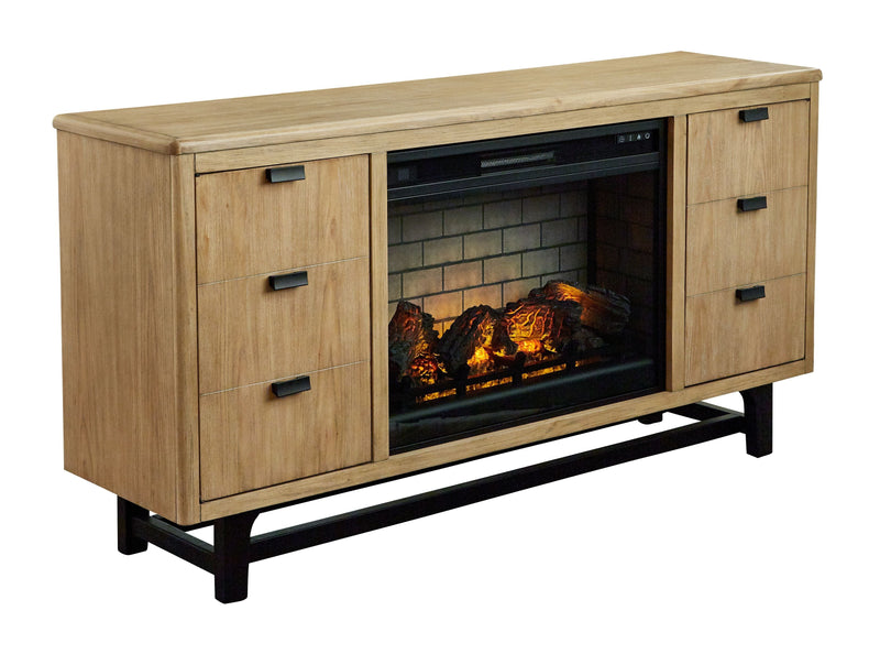 Freslowe - Light Brown / Black - TV Stand With Electric Infrared Fireplace Insert.