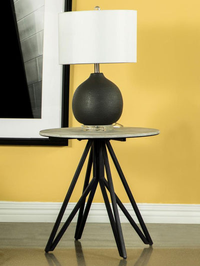 Hadi - Round End Table With Hairpin Legs - Cement and Gunmetal.