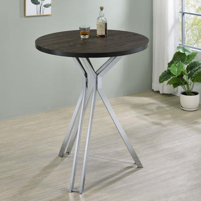 Edgerton - Round Wood Top Bar Table - Dark Oak and Chrome.