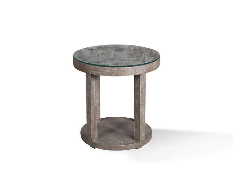 Crossings Serengeti - Round End Table with Glass Top - Sandblasted Fossil Grey