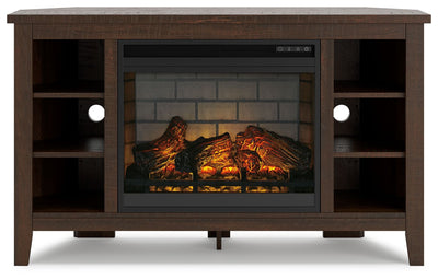 Camiburg - Warm Brown - Corner TV Stand With Faux Firebrick Fireplace Insert.