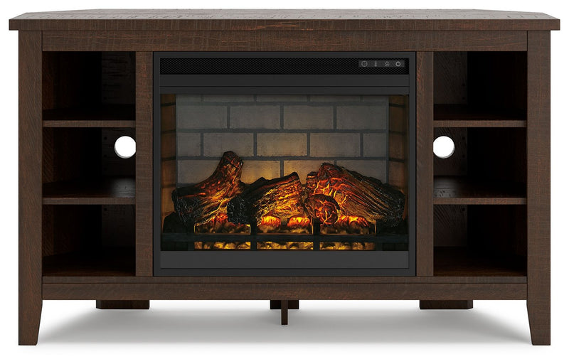 Camiburg - Warm Brown - Corner TV Stand With Faux Firebrick Fireplace Insert.