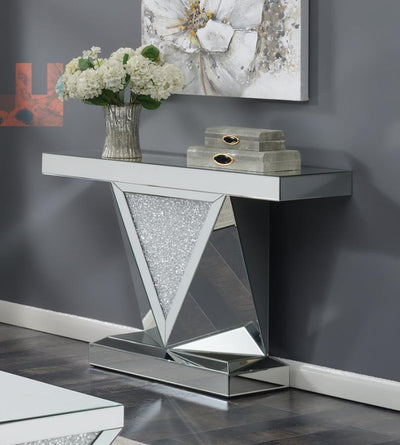 Amore - Rectangular Sofa Table With Triangle Detailing - Silver And Clear Mirror - Grand Furniture GA