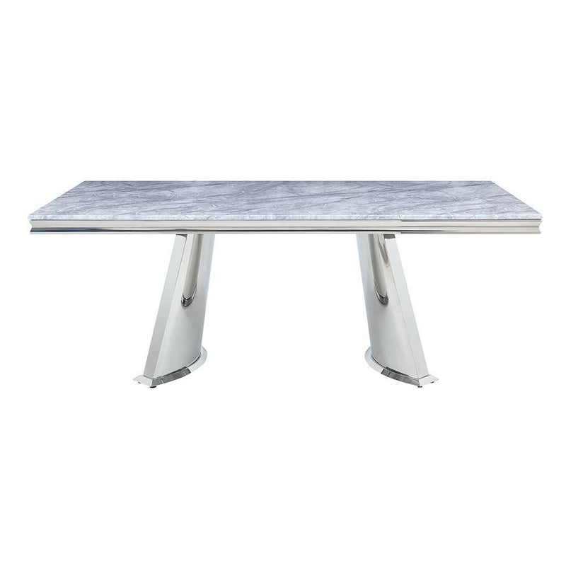 Destry Dining Table - Faux Marble Top & Mirrored Silver Finish - Grand Furniture GA