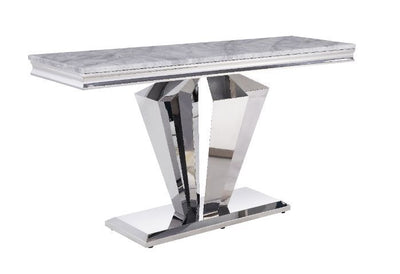 Satinka - Accent Table - Light Gray Printed Faux Marble & Mirrored Silver Finish - Grand Furniture GA