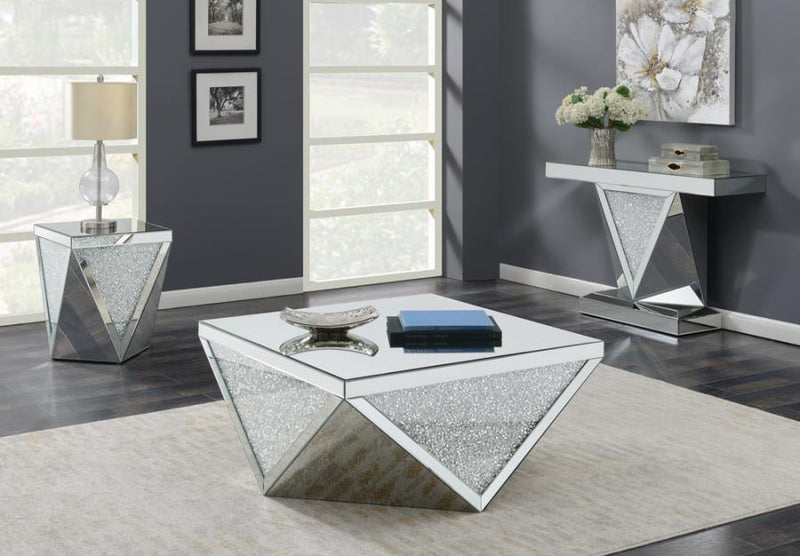 Amore - Rectangular Sofa Table With Triangle Detailing - Silver And Clear Mirror - Grand Furniture GA