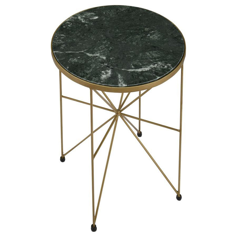 Eliska - Round Accent Table With Marble Top Green and Antique Gold.