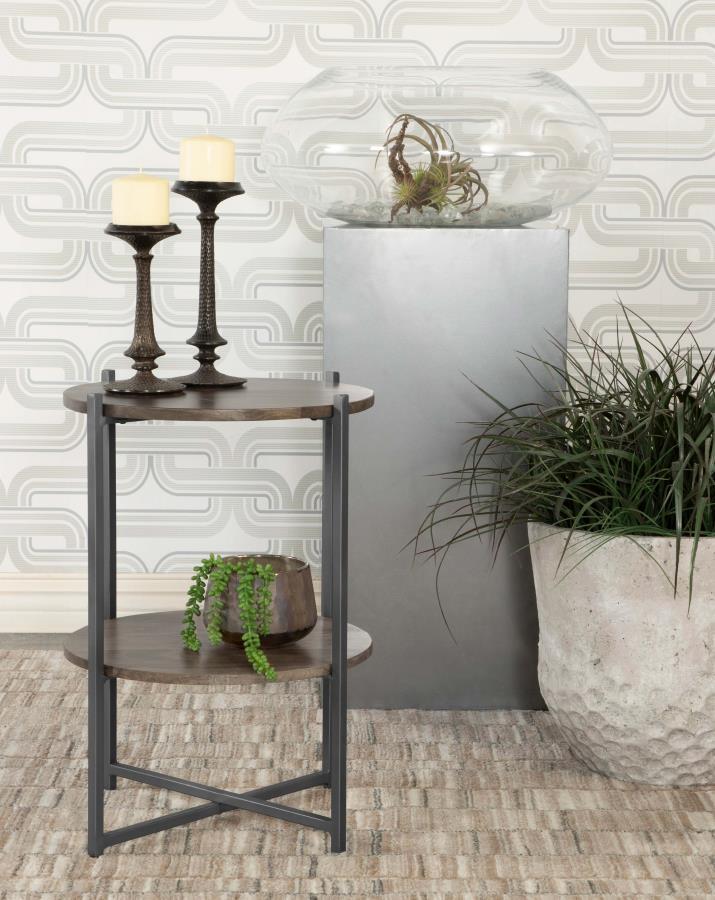 Axel - Round Accent Table With Open Shelf - Natural and Gunmetal.