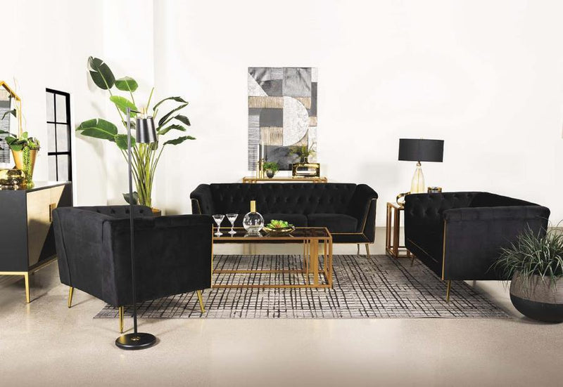 Holly - 3-Piece Tuxedo Arm Tufted Back Living Room Set - Black.