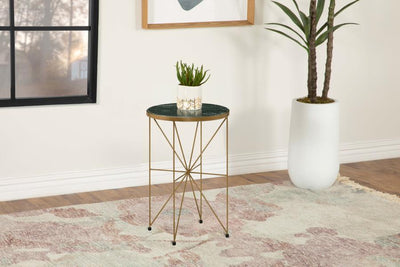 Eliska - Round Accent Table With Marble Top Green and Antique Gold.