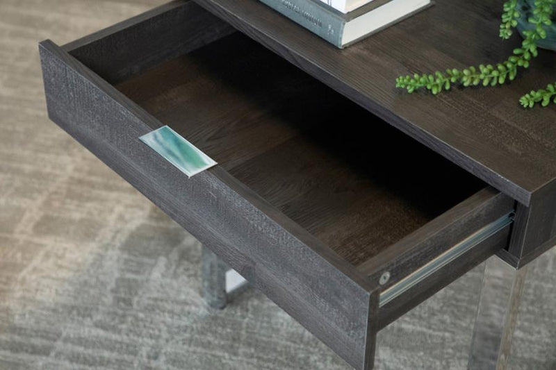 Baines - Square 1-Drawer End Table - Dark Charcoal and Chrome.