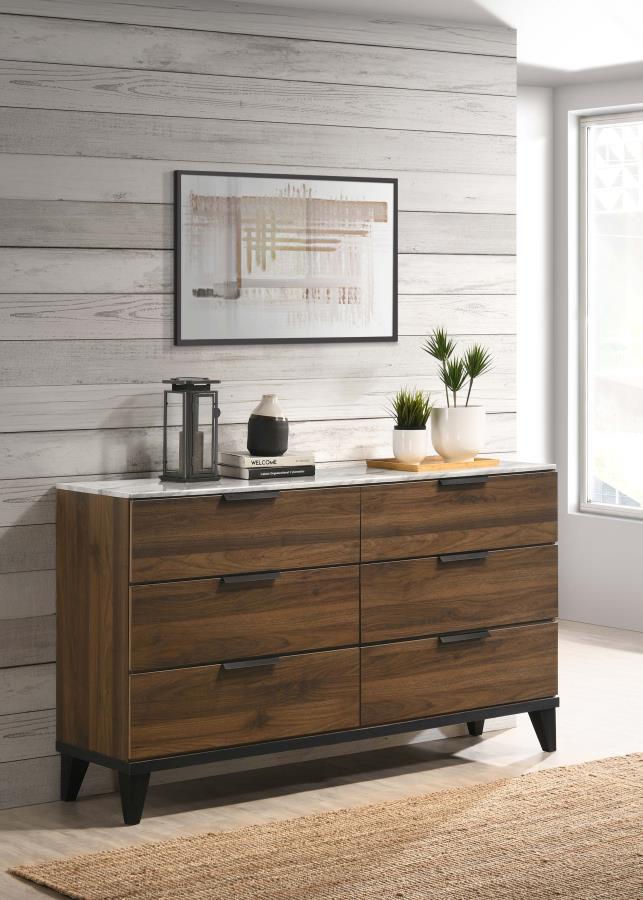 Mays - 6-Drawer Dresser With Faux Marble Top - Walnut Brown