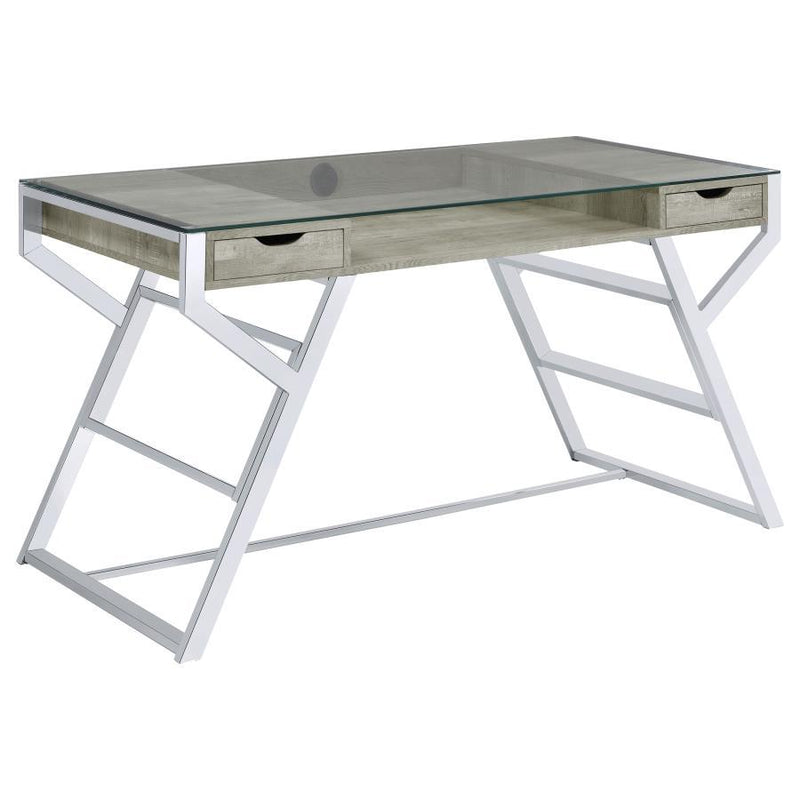 Emelle - 2-Drawer Glass Top Writing Desk - Gray Driftwood And Chrome - Grand Furniture GA